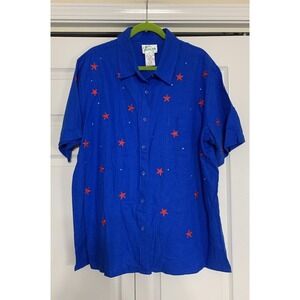 Vintage Quacker Factory Linen Blend Button Down Top Blue w/ Red Stars Size